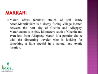  Marari offers fabulous stretch of soft sandy
beach.Mararikulam is a sleepy fishing village located
between the port city of Cochin and Alleppey.
Mararikulam is in sixty kilometers south of Cochin and
even less from Alleppey. Marari is a popular choice
with the discerning traveler who is looking for
something a little special in a natural and exotic
location.
 