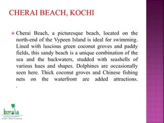  Cherai Beach, a picturesque beach, located on the
north-end of the Vypeen Island is ideal for swimming.
Lined with luscious green coconut groves and paddy
fields, this sandy beach is a unique combination of the
sea and the backwaters, studded with seashells of
various hues and shapes. Dolphines are occasionally
seen here. Thick coconut groves and Chinese fishing
nets on the waterfront are added attractions.
.
 