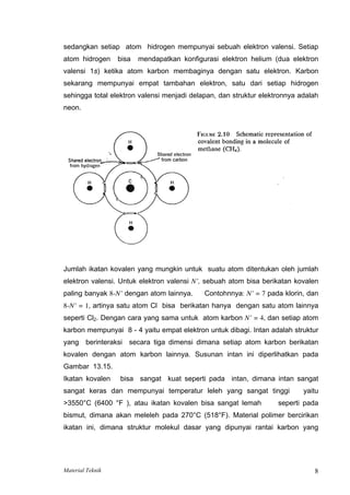 sedangkan setiap atom hidrogen mempunyai sebuah elektron valensi. Setiap
atom hidrogen bisa mendapatkan konfigurasi elektron helium (dua elektron
valensi 1s) ketika atom karbon membaginya dengan satu elektron. Karbon
sekarang mempunyai empat tambahan elektron, satu dari setiap hidrogen
sehingga total elektron valensi menjadi delapan, dan struktur elektronnya adalah
neon.
Jumlah ikatan kovalen yang mungkin untuk suatu atom ditentukan oleh jumlah
elektron valensi. Untuk elektron valensi N’, sebuah atom bisa berikatan kovalen
paling banyak 8-N’ dengan atom lainnya. Contohnnya: N’ = 7 pada klorin, dan
8-N’ = 1, artinya satu atom Cl bisa berikatan hanya dengan satu atom lainnya
seperti Cl2. Dengan cara yang sama untuk atom karbon N’ = 4, dan setiap atom
karbon mempunyai 8 - 4 yaitu empat elektron untuk dibagi. Intan adalah struktur
yang berinteraksi secara tiga dimensi dimana setiap atom karbon berikatan
kovalen dengan atom karbon lainnya. Susunan intan ini diperlihatkan pada
Gambar 13.15.
Ikatan kovalen bisa sangat kuat seperti pada intan, dimana intan sangat
sangat keras dan mempunyai temperatur leleh yang sangat tinggi yaitu
>3550°C (6400 °F ), atau ikatan kovalen bisa sangat lemah seperti pada
bismut, dimana akan meleleh pada 270°C (518°F). Material polimer bercirikan
ikatan ini, dimana struktur molekul dasar yang dipunyai rantai karbon yang
Material Teknik 8
 