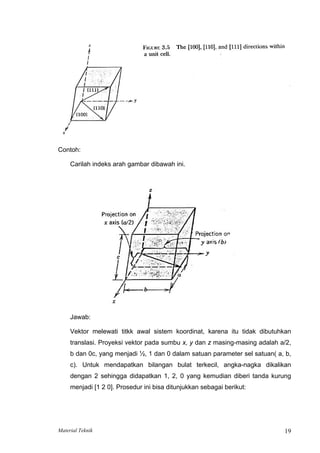 Contoh:
Carilah indeks arah gambar dibawah ini.
Jawab:
Vektor melewati titkk awal sistem koordinat, karena itu tidak dibutuhkan
translasi. Proyeksi vektor pada sumbu x, y dan z masing-masing adalah a/2,
b dan 0c, yang menjadi ½, 1 dan 0 dalam satuan parameter sel satuan( a, b,
c). Untuk mendapatkan bilangan bulat terkecil, angka-nagka dikalikan
dengan 2 sehingga didapatkan 1, 2, 0 yang kemudian diberi tanda kurung
menjadi [1 2 0]. Prosedur ini bisa ditunjukkan sebagai berikut:
Material Teknik 19
 