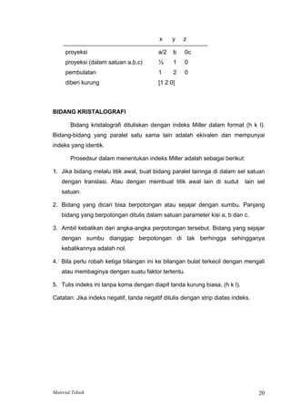 x y z
proyeksi a/2 b 0c
proyeksi (dalam satuan a,b,c) ½ 1 0
pembulatan 1 2 0
diberi kurung [1 2 0]
BIDANG KRISTALOGRAFI
Bidang kristalografi dituliskan dengan indeks Miller dalam format (h k l).
Bidang-bidang yang paralel satu sama lain adalah ekivalen dan mempunyai
indeks yang identik.
Prosedsur dalam menentukan indeks Miller adalah sebagai berikut:
1. Jika bidang melalu titik awal, buat bidang paralel lainnga di dalam sel satuan
dengan translasi. Atau dengan membuat titik awal lain di sudut lain sel
satuan.
2. Bidang yang dicari bisa berpotongan atau sejajar dengan sumbu. Panjang
bidang yang berpotongan ditulis dalam satuan parameter kisi a, b dan c.
3. Ambil kebalikan dari angka-angka perpotongan tersebut. Bidang yang sejajar
dengan sumbu dianggap berpotongan di tak berhingga sehingganya
kebalikannya adalah nol.
4. Bila perlu robah ketiga bilangan ini ke bilangan bulat terkecil dengan mengali
atau membaginya dengan suatu faktor tertentu.
5. Tulis indeks ini tanpa koma dengan diapit tanda kurung biasa, (h k l).
Catatan: Jika indeks negatif, tanda negatif ditulis dengan strip diatas indeks.
Material Teknik 20
 