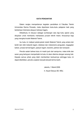 KATA PENGANTAR
Dalam rangka memperlancar kegiatan pendidikan di Fakultas Teknik
Universitas Darma Persada, maka diperlukan buku-buku pelajaran baik yang
berbahasa Indonesia ataupun bahasa Inggris.
Diktat/buku ini disusun sebagai sumbangan satu lagi buku ajaran yang
ditujukan untuk membantu mahasiswa jurusan teknik mesin, khususnya bagi
yang mengikuti kuliah Material Teknik.
Isu buku ini meliputi pokok-pokok kuliah Material Teknik yang antara lain
terdiri dari sifat mekanik logam, dislokasi dan mekanisme penguatan, kegagalan
bahan, proses termal logam, paduan logam, keramik, polimer dan komposit .
Penulis sadari bahwa buku ini masih jauh dari sempurna, maka kritik dan
saran yang bertujuan memperbaiki isi buku ini akan diterima dengan senang hati.
Kepada semua pihak yang telah memberikan bantuannya sehingga buku ini
dapat diterbitkan, penulis ucapkan banyak-banyak terima kasih.
Jakarta, 1 Maret 2006
Ir. Asyari Daryus SE. MSc.
Material Teknik ii
 