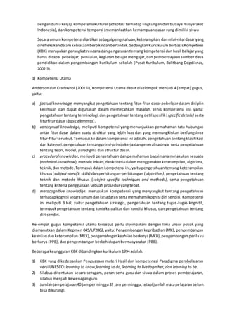denganduniakerja),kompetensi kultural (adaptasi terhadap lingkungan dan budaya masyarakat
Indonesia), dan kompetensi temporal (memanfaatkan kemampuan dasar yang dimiliki siswa
Secara umumkompetensidiartikansebagai pengetahuan,keterampilan,dannilai-nilai dasar yang
direfleksikandalamkebiasaanberpikirdanbertindak. SedangkanKurkikulumBerbasisKompetensi
(KBK) merupakanperangkat rencana dan pengaturan tentang kompetensi dan hasil belajar yang
harus dicapai pebelajar, penilaian, kegiatan belajar mengajar, dan pemberdayaan sumber daya
pendidikan dalam pengembangan kurikulum sekolah (Pusat Kurikulum, Balitbang Depdiknas,
2002:3).
1) Kompetensi Utama
Andersondan Krathwhol (2001:ii), Kompetensi Utama dapat dikelompok menjadi 4 (empat) gugus,
yaitu:
a) factualknowledge, menyangkutpengetahuan tentang fitur-fitur dasar pebelajar dalam disiplin
keilmuan dan dapat digunakan dalam memecahkan masalah. Jenis kompetensi ini, yaitu:
pengetahuantentangterminologi,danpengetahuantentangdetilspesifik(specific details) serta
fiturfitur dasar (basic elements).
b) conceptual knowledge, meliputi kompetensi yang menunjukkan pemahaman tata hubungan
antar fitur dasar dalam suatu struktur yang lebih luas dan yang memungkinkan berfungsinya
fitur-fiturtersebut.Termasukke dalamkompetensi ini adalah, pengetahuan tentang klasifikasi
dan kategori,pengetahuantentangprinsi-prinsip kerja dan generalisasinya, serta pengetahuan
tentang teori, model, paradigma dan struktur dasar.
c) proceduralknowledge, meliputi pengetahuan dan pemahaman bagaimana melakukan sesuatu
(technicalknowhow),metode inkuiri,dankriteriadalammenggunakanketerampilan, algotima,
teknik,danmetode.Termasukdalamkompetensi ini, yaitu pengetahuan tentang keterampilan
khusus(subject-specific skills) dan perhitungan-perhitungan (algorithm), pengetahuan tentang
teknik dan metode khusus (subject-specific techniques and methods), serta pengetahuan
tentang kriteria penggunaan sebuah prosedur yang tepat.
d) metacognitive knowledge. merupakan kompetensi yang menyangkut tentang pengetahuan
terhadapkognisi secaraumumdankesadaransertamemahami kognisi diri sendiri. Kompetensi
ini meliputi 3 hal, yaitu: pengetahuan strategis, pengetahuan tentang tugas-tugas kognitif,
termasukpengetahuan tentang kontekstualitas dan kondisi khusus, dan pengetahuan tentang
diri sendiri.
Ke-empat gugus kompetensi utama tersebut perlu dijembatani dengan lima unsur pokok yang
diamanatkan dalam Kepmen 045/U/2002, yaitu: Pengembangan kepribadian (MK), pengembangan
keahliandanketerampilan(MKK),pengemabngankeahlianberkarya(MKB),pengembangan perilaku
berkarya (PPB), dan pengembangan berkehidupan bermasyarakat (PBB).
Beberapa keunggulan KBK dibandingkan kurikulum 1994 adalah.
1) KBK yang dikedepankan Penguasaan materi Hasil dan kompetenasi Paradigma pembelajaran
versi UNESCO: learning to know,learning to do, learning to live together, dan learning to be.
2) Silabus ditentukan secara seragam, peran serta guru dan siswa dalam proses pembelajaran,
silabus menjadi kewenagan guru.
3) Jumlahjampelajaran40 jam perminggu32 jam perminggu,tetapi jumlahmatapelajaranbelum
bisa dikurangi.
 