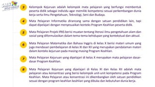 Mata Pelajaran Projek IPAS berisi muatan tentang literasi ilmu pengetahuan alam dan
sosial yang diformulasikan dalam tema-tema kehidupan yang kontekstual dan aktual.
Mata Pelajaran Kejuruan yang dipelajari di kelas X merupakan mata pelajaran dasar-
dasar Program Keahlian.
5
6
Mata Pelajaran Matematika dan Bahasa Inggris di kelas X berisi materi umum yang
juga mendasari pembelajaran di kelas XI dan XII yang merupakan pendalaman materi
dalam konteks kejuruan pada masing-masing Program Keahlian.
7
Mata Pelajaran Kejuruan yang dipelajari di Kelas XI dan Kelas XII adalah mata
pelajaran atau konsentrasi yang berisi kelompok unit-unit kompetensi pada Program
Keahlian. Mata Pelajaran atau konsentrasi ini dikembangkan oleh satuan pendidikan
sesuai dengan program keahlian keahlian yang dibuka dan kebutuhan dunia kerja.
8
Kelompok Kejuruan adalah kelompok mata pelajaran yang berfungsi membentuk
peserta didik sebagai individu agar memiliki kompetensi sesuai perkembangan dunia
kerja serta Ilmu Pengetahuan, Teknologi, Seni dan Budaya.
3
Mata Pelajaran Informatika dirancang sama dengan satuan pendidikan lain, tapi
dapat dipelajari dengan menyesuaikan konteks Program Keahlian peserta didik.
4
 