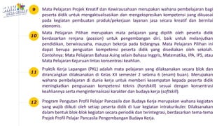 Mata Pelajaran Pilihan merupakan mata pelajaran yang dipilih oleh peserta didik
berdasarkan renjana (passion) untuk pengembangan diri, baik untuk melanjutkan
pendidikan, berwirausaha, maupun bekerja pada bidangnya. Mata Pelajaran Pilihan ini
dapat berupa penguatan kompetensi peserta didik yang disediakan oleh sekolah.
Contohnya: Mata Pelajaran Bahasa Asing selain Bahasa Inggris, Matematika, IPA, IPS, atau
Mata Pelajaran Kejuruan lintas konsentrasi keahlian.
10
Praktik Kerja Lapangan (PKL) adalah mata pelajaran yang dilaksanakan secara blok dan
dirancangkan dilaksanakan di Kelas XII semester 2 selama 6 (enam) buan). Merupakan
wahana pembelajaran di dunia kerja untuk memberi kesempatan kepada peserta didik
meningkatkan penguasaan kompetensi teknis (hardskill) sesuai dengan konsentrasi
keahliannya serta menginternalisasi karakter dan budaya kerja (softskill).
11
Program Pengutan Profil Pelajar Pancasila dan Budaya Kerja merupakan wahana kegiatan
yang wajib diikuti oleh setiap peserta didik di luar kegiatan intrakurikuler. Dilaksanakan
dalam bentuk blok-blok kegiatan secara periodik dan terintegrasi, berdasarkan tema-tema
Projek Profil Pelajar Pancasila Pengembangan Budaya Kerja.
12
Mata Pelajaran Projek Kreatif dan Kewirausahaan merupakan wahana pembelajaran bagi
peserta didik untuk mengaktualisasikan dan mengekspresikan kompetensi yang dikuasai
pada kegiatan pembuatan produk/pekerjaan layanan jasa secara kreatif dan bernilai
ekonomis.
9
 