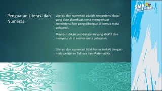Penguatan Literasi dan
Numerasi
Literasi dan numerasi adalah kompetensi dasar
yang akan diperkuat serta memperkuat
kompetensi lain yang dibangun di semua mata
pelajaran.
Literasi dan numerasi tidak hanya terkait dengan
mata pelajaran Bahasa dan Matematika.
Membutuhkan pembelajaran yang efektif dan
menyeluruh di semua mata pelajaran.
 