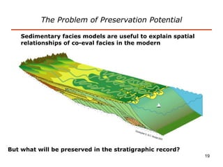 19
The Problem of Preservation Potential
Sedimentary facies models are useful to explain spatial
relationships of co-eval facies in the modern
But what will be preserved in the stratigraphic record?
 