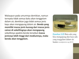 Walaupun pada umumnya demikian, namun
ternyata tidak semua batu akan tenggelam
dalam air, demikian juga tidak semua jenis
kayu akan mengapung dalam air. Benda yang
memiliki massa jenis kurang dari massa jenis
cairan di sekelilingnya akan mengapung,
sebaliknya apabila benda tersebut massa
jenisnya lebih tinggi dari mediumnya, maka
benda akan tenggelam.
 