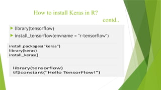 How to install Keras in R?
contd..
 library(tensorflow)
 install_tensorflow(envname = "r-tensorflow")
 