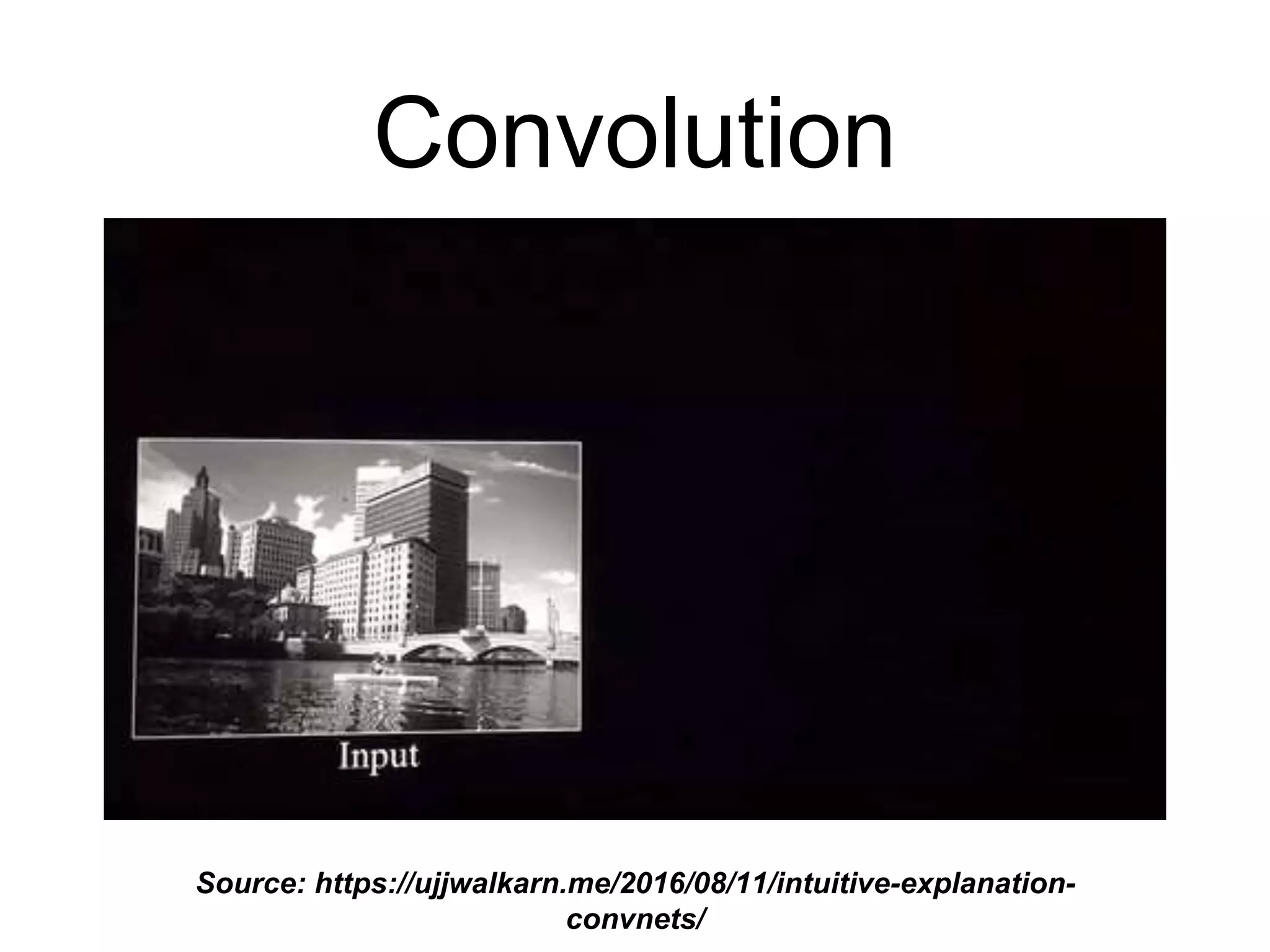 Convolution
Source: https://ujjwalkarn.me/2016/08/11/intuitive-explanation-
convnets/
 