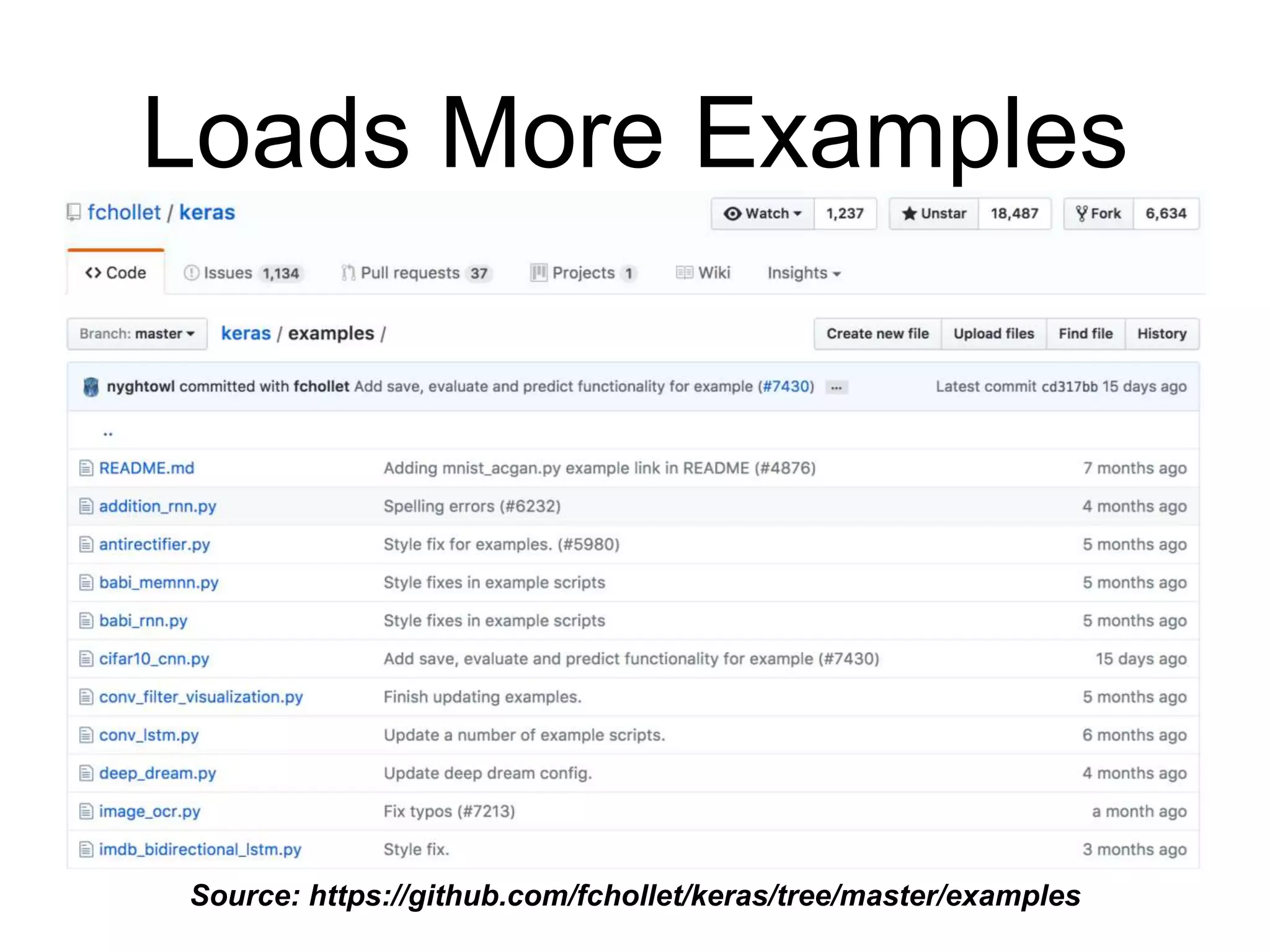 Loads More Examples
Source: https://github.com/fchollet/keras/tree/master/examples
 