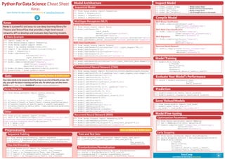 PythonForDataScience Cheat Sheet
Keras
Learn Python for data science Interactively at www.DataCamp.com
Keras
DataCamp
Learn Python for Data Science Interactively
Data Also see NumPy, Pandas & Scikit-Learn
Keras is a powerful and easy-to-use deep learning library for
Theano and TensorFlow that provides a high-level neural
networks API to develop and evaluate deep learning models.
Model Architecture
Model Fine-tuning
Optimization Parameters
>>> from keras.optimizers import RMSprop
>>> opt = RMSprop(lr=0.0001, decay=1e-6)
>>> model2.compile(loss='categorical_crossentropy',
optimizer=opt,
metrics=['accuracy'])
A Basic Example
>>> import numpy as np
>>> from keras.models import Sequential
>>> from keras.layers import Dense
>>> data = np.random.random((1000,100))
>>> labels = np.random.randint(2,size=(1000,1))
>>> model = Sequential()
>>> model.add(Dense(32,
activation='relu',
input_dim=100))
>>> model.add(Dense(1, activation='sigmoid'))
>>> model.compile(optimizer='rmsprop',
loss='binary_crossentropy',
metrics=['accuracy'])
>>> model.fit(data,labels,epochs=10,batch_size=32)
>>> predictions = model.predict(data)
Preprocessing
One-Hot Encoding
>>> from keras.utils import to_categorical
>>> Y_train = to_categorical(y_train, num_classes)
>>> Y_test = to_categorical(y_test, num_classes)
>>> Y_train3 = to_categorical(y_train3, num_classes)
>>> Y_test3 = to_categorical(y_test3, num_classes)
Also see NumPy & Scikit-Learn
>>> model.output_shape Model output shape
>>> model.summary() Model summary representation
>>> model.get_config() Model configuration
>>> model.get_weights() List all weight tensors in the model
Your data needs to be stored as NumPy arrays or as a list of NumPy arrays. Ide-
ally, you split the data in training and test sets, for which you can also resort
to the train_test_split module of sklearn.cross_validation.
Early Stopping
>>> from keras.callbacks import EarlyStopping
>>> early_stopping_monitor = EarlyStopping(patience=2)
>>> model3.fit(x_train4,
y_train4,
batch_size=32,
epochs=15,
validation_data=(x_test4,y_test4),
callbacks=[early_stopping_monitor])
Inspect Model
Sequential Model
>>> from keras.models import Sequential
>>> model = Sequential()
>>> model2 = Sequential()
>>> model3 = Sequential()
Multilayer Perceptron (MLP)
>>> from keras.layers import Dropout
>>> model.add(Dense(512,activation='relu',input_shape=(784,)))
>>> model.add(Dropout(0.2))
>>> model.add(Dense(512,activation='relu'))
>>> model.add(Dropout(0.2))
>>> model.add(Dense(10,activation='softmax'))
Standardization/Normalization
Sequence Padding
>>> from keras.preprocessing import sequence
>>> x_train4 = sequence.pad_sequences(x_train4,maxlen=80)
>>> x_test4 = sequence.pad_sequences(x_test4,maxlen=80)
>>> from sklearn.preprocessing import StandardScaler
>>> scaler = StandardScaler().fit(x_train2)
>>> standardized_X = scaler.transform(x_train2)
>>> standardized_X_test = scaler.transform(x_test2)
Keras Data Sets
>>> from keras.datasets import boston_housing,
mnist,
cifar10,
imdb
>>> (x_train,y_train),(x_test,y_test) = mnist.load_data()
>>> (x_train2,y_train2),(x_test2,y_test2) = boston_housing.load_data()
>>> (x_train3,y_train3),(x_test3,y_test3) = cifar10.load_data()
>>> (x_train4,y_train4),(x_test4,y_test4) = imdb.load_data(num_words=20000)
>>> num_classes = 10
Convolutional Neural Network (CNN)
>>> from keras.layers import Activation,Conv2D,MaxPooling2D,Flatten
>>> model2.add(Conv2D(32,(3,3),padding='same',input_shape=x_train.shape[1:]))
>>> model2.add(Activation('relu'))
>>> model2.add(Conv2D(32,(3,3)))
>>> model2.add(Activation('relu'))
>>> model2.add(MaxPooling2D(pool_size=(2,2)))
>>> model2.add(Dropout(0.25))
>>> model2.add(Conv2D(64,(3,3), padding='same'))
>>> model2.add(Activation('relu'))
>>> model2.add(Conv2D(64,(3, 3)))
>>> model2.add(Activation('relu'))
>>> model2.add(MaxPooling2D(pool_size=(2,2)))
>>> model2.add(Dropout(0.25))
>>> model2.add(Flatten())
>>> model2.add(Dense(512))
>>> model2.add(Activation('relu'))
>>> model2.add(Dropout(0.5))
>>> model2.add(Dense(num_classes))
>>> model2.add(Activation('softmax'))
Recurrent Neural Network (RNN)
Compile Model
MLP: Binary Classification
>>> model.compile(optimizer='adam',
loss='binary_crossentropy',
metrics=['accuracy'])
MLP: Multi-Class Classification
>>> model.compile(optimizer='rmsprop',
loss='categorical_crossentropy',
metrics=['accuracy'])
MLP: Regression
>>> model.compile(optimizer='rmsprop',
loss='mse',
metrics=['mae'])
>>> from keras.klayers import Embedding,LSTM
>>> model3.add(Embedding(20000,128))
>>> model3.add(LSTM(128,dropout=0.2,recurrent_dropout=0.2))
>>> model3.add(Dense(1,activation='sigmoid'))
Prediction
Evaluate Your Model's Performance
>>> score = model3.evaluate(x_test,
y_test,
batch_size=32)
>>> model3.predict(x_test4, batch_size=32)
>>> model3.predict_classes(x_test4,batch_size=32)
Model Training
>>> model3.fit(x_train4,
y_train4,
batch_size=32,
epochs=15,
verbose=1,
validation_data=(x_test4,y_test4))
>>> from keras.models import load_model
>>> model3.save('model_file.h5')
>>> my_model = load_model('my_model.h5')
Save/ Reload Models
>>> from keras.layers import Dense
>>> model.add(Dense(12,
input_dim=8,
kernel_initializer='uniform',
activation='relu'))
>>> model.add(Dense(8,kernel_initializer='uniform',activation='relu'))
>>> model.add(Dense(1,kernel_initializer='uniform',activation='sigmoid'))
>>> model.add(Dense(64,activation='relu',input_dim=train_data.shape[1]))
>>> model.add(Dense(1))
Binary Classification
Multi-Class Classification
Regression
Other
>>> from urllib.request import urlopen
>>> data = np.loadtxt(urlopen("http://archive.ics.uci.edu/
ml/machine-learning-databases/pima-indians-diabetes/
pima-indians-diabetes.data"),delimiter=",")
>>> X = data[:,0:8]
>>> y = data [:,8]
>>> from sklearn.model_selection import train_test_split
>>> X_train5,X_test5,y_train5,y_test5 = train_test_split(X,
y,
test_size=0.33,
random_state=42)
Train and Test Sets
Recurrent Neural Network
>>> model3.compile(loss='binary_crossentropy',
optimizer='adam',
metrics=['accuracy'])
 