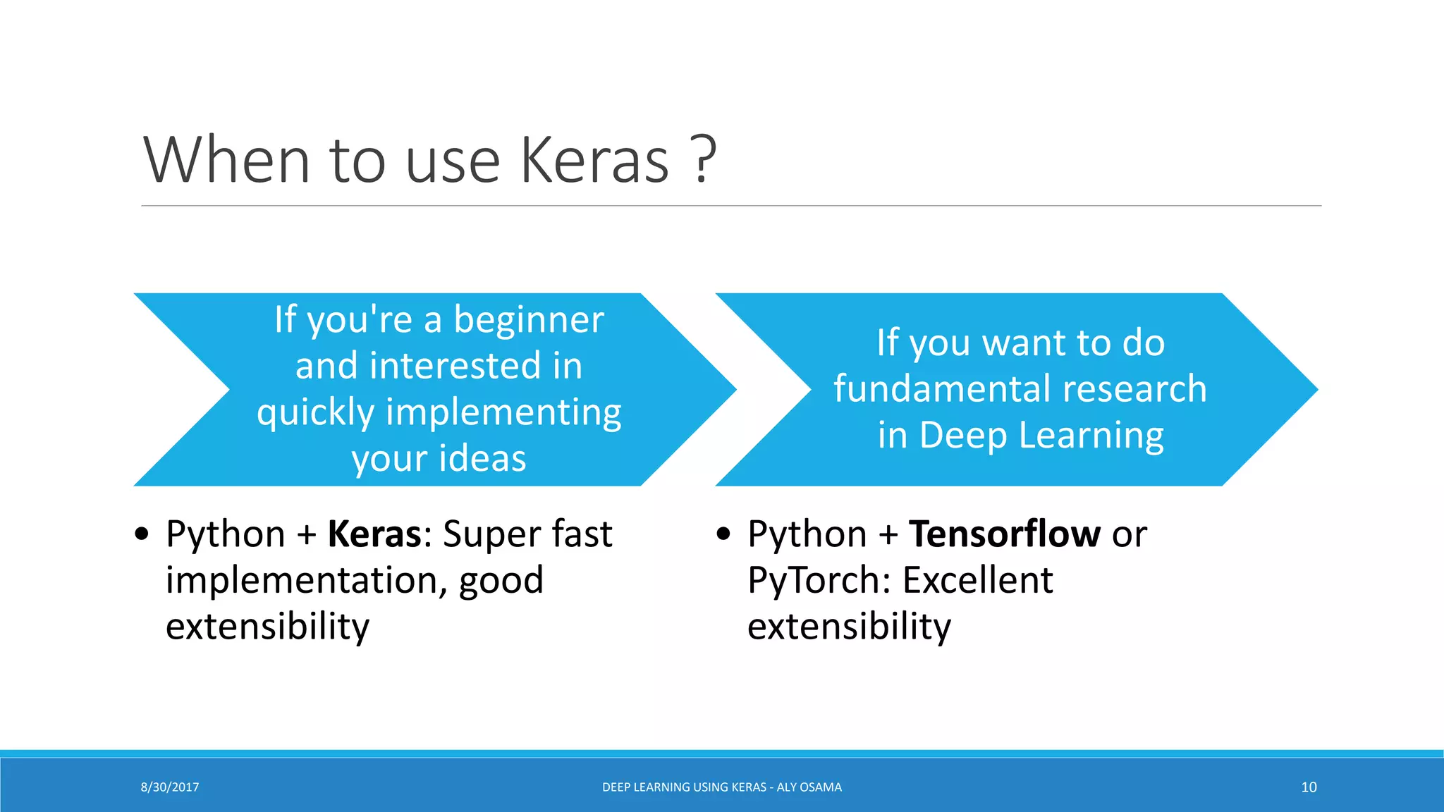 When to use Keras ?
If you're a beginner
and interested in
quickly implementing
your ideas
• Python + Keras: Super fast
implementation, good
extensibility
If you want to do
fundamental research
in Deep Learning
• Python + Tensorflow or
PyTorch: Excellent
extensibility
DEEP LEARNING USING KERAS - ALY OSAMA 108/30/2017
 