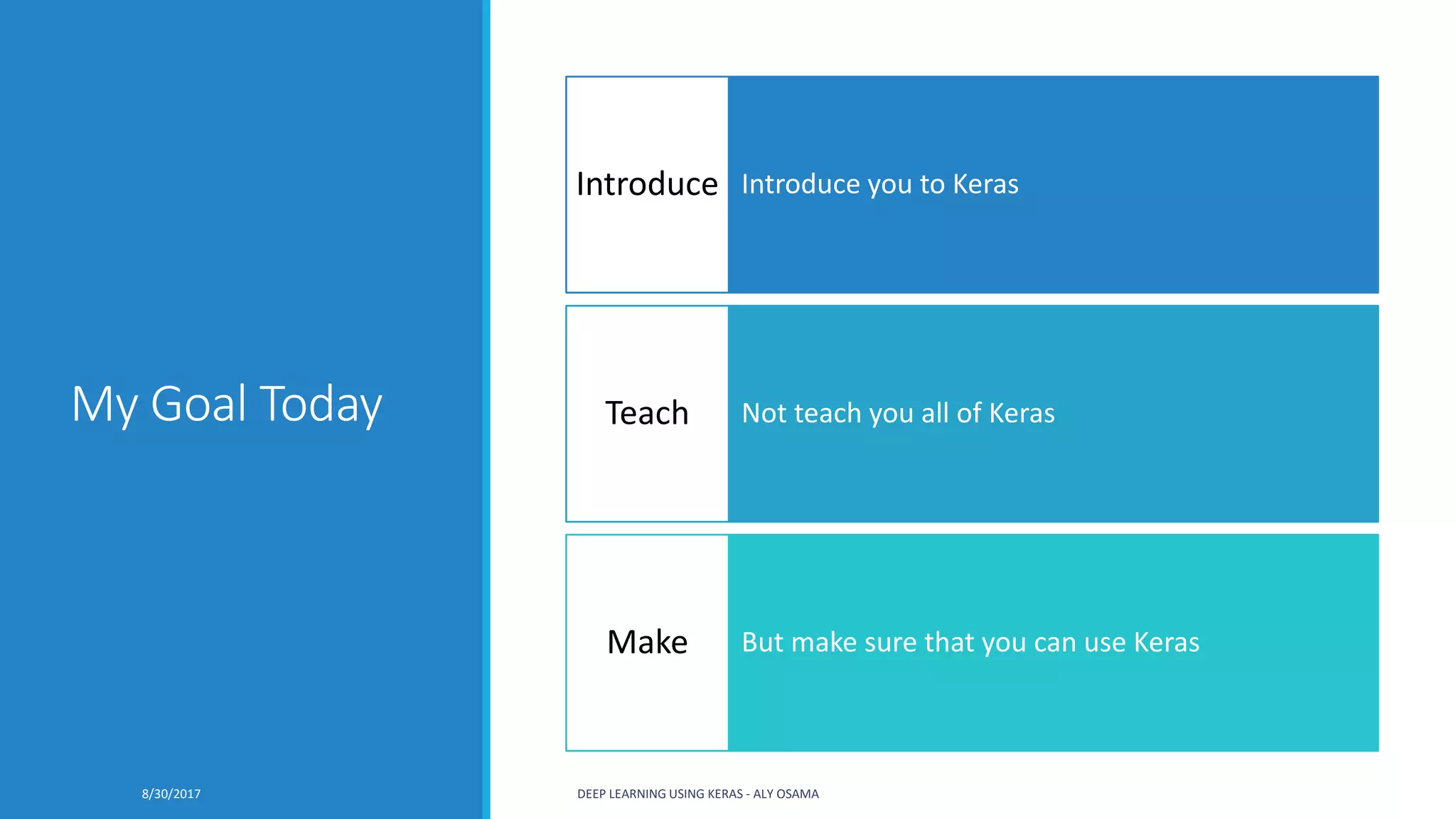 My Goal Today
Introduce you to KerasIntroduce
Not teach you all of KerasTeach
But make sure that you can use KerasMake
DEEP LEARNING USING KERAS - ALY OSAMA 38/30/2017
 