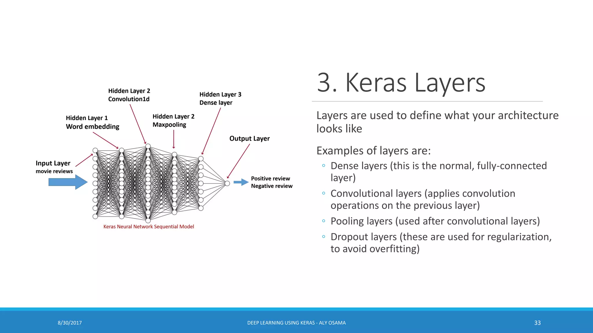 3. Keras Layers
Layers are used to define what your architecture
looks like
Examples of layers are:
◦ Dense layers (this is the normal, fully-connected
layer)
◦ Convolutional layers (applies convolution
operations on the previous layer)
◦ Pooling layers (used after convolutional layers)
◦ Dropout layers (these are used for regularization,
to avoid overfitting)
8/30/2017 DEEP LEARNING USING KERAS - ALY OSAMA 33
 
