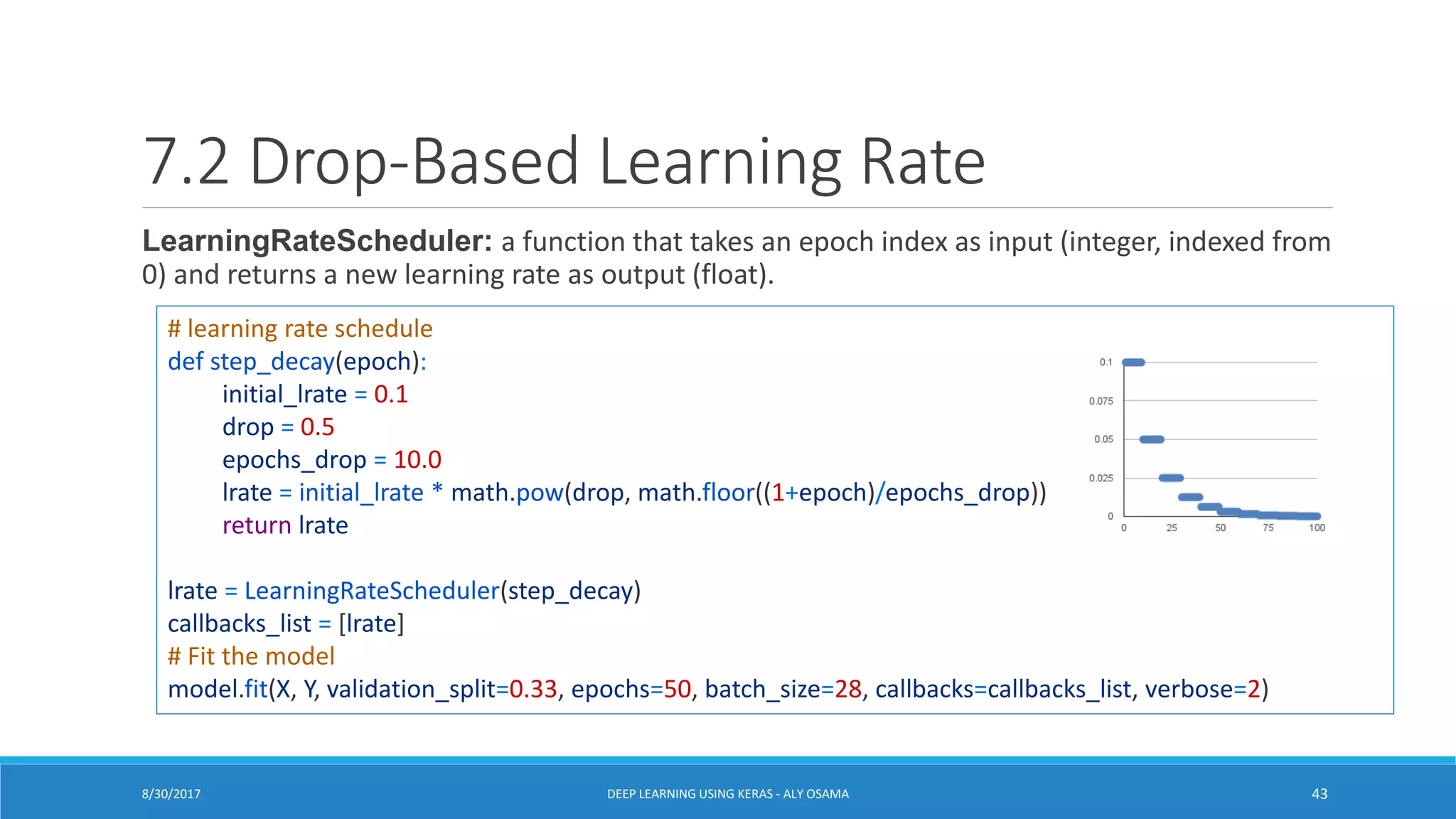 7.2 Drop-Based Learning Rate
LearningRateScheduler: a function that takes an epoch index as input (integer, indexed from
0) and returns a new learning rate as output (float).
# learning rate schedule
def step_decay(epoch):
initial_lrate = 0.1
drop = 0.5
epochs_drop = 10.0
lrate = initial_lrate * math.pow(drop, math.floor((1+epoch)/epochs_drop))
return lrate
lrate = LearningRateScheduler(step_decay)
callbacks_list = [lrate]
# Fit the model
model.fit(X, Y, validation_split=0.33, epochs=50, batch_size=28, callbacks=callbacks_list, verbose=2)
DEEP LEARNING USING KERAS - ALY OSAMA 438/30/2017
 