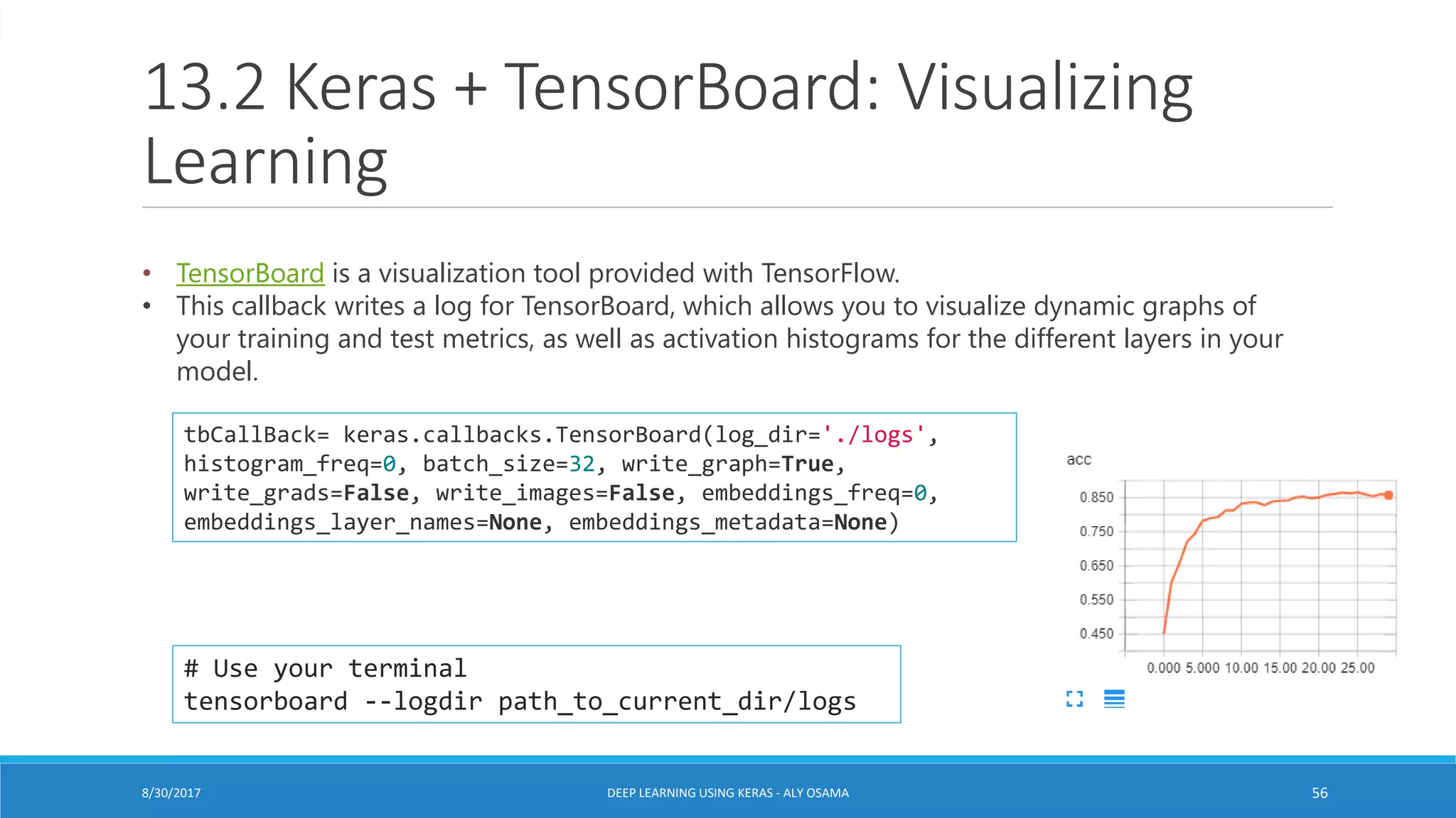 13.2 Keras + TensorBoard: Visualizing
Learning
tbCallBack= keras.callbacks.TensorBoard(log_dir='./logs',
histogram_freq=0, batch_size=32, write_graph=True,
write_grads=False, write_images=False, embeddings_freq=0,
embeddings_layer_names=None, embeddings_metadata=None)
• TensorBoard is a visualization tool provided with TensorFlow.
• This callback writes a log for TensorBoard, which allows you to visualize dynamic graphs of
your training and test metrics, as well as activation histograms for the different layers in your
model.
# Use your terminal
tensorboard --logdir path_to_current_dir/logs
DEEP LEARNING USING KERAS - ALY OSAMA 568/30/2017
 