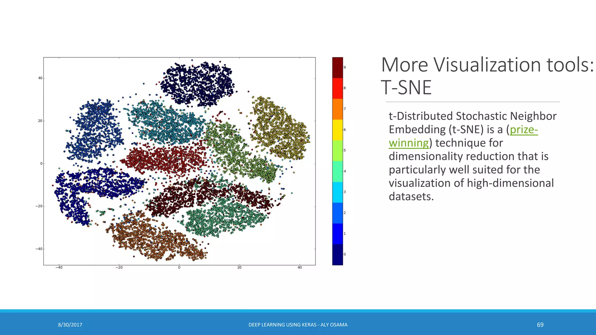 More Visualization tools:
T-SNE
t-Distributed Stochastic Neighbor
Embedding (t-SNE) is a (prize-
winning) technique for
dimensionality reduction that is
particularly well suited for the
visualization of high-dimensional
datasets.
DEEP LEARNING USING KERAS - ALY OSAMA 698/30/2017
 