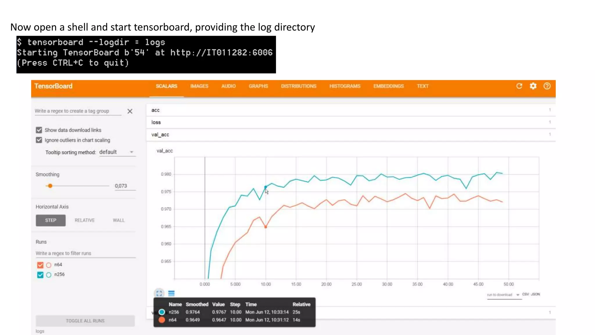 Now open a shell and start tensorboard, providing the log directory
 