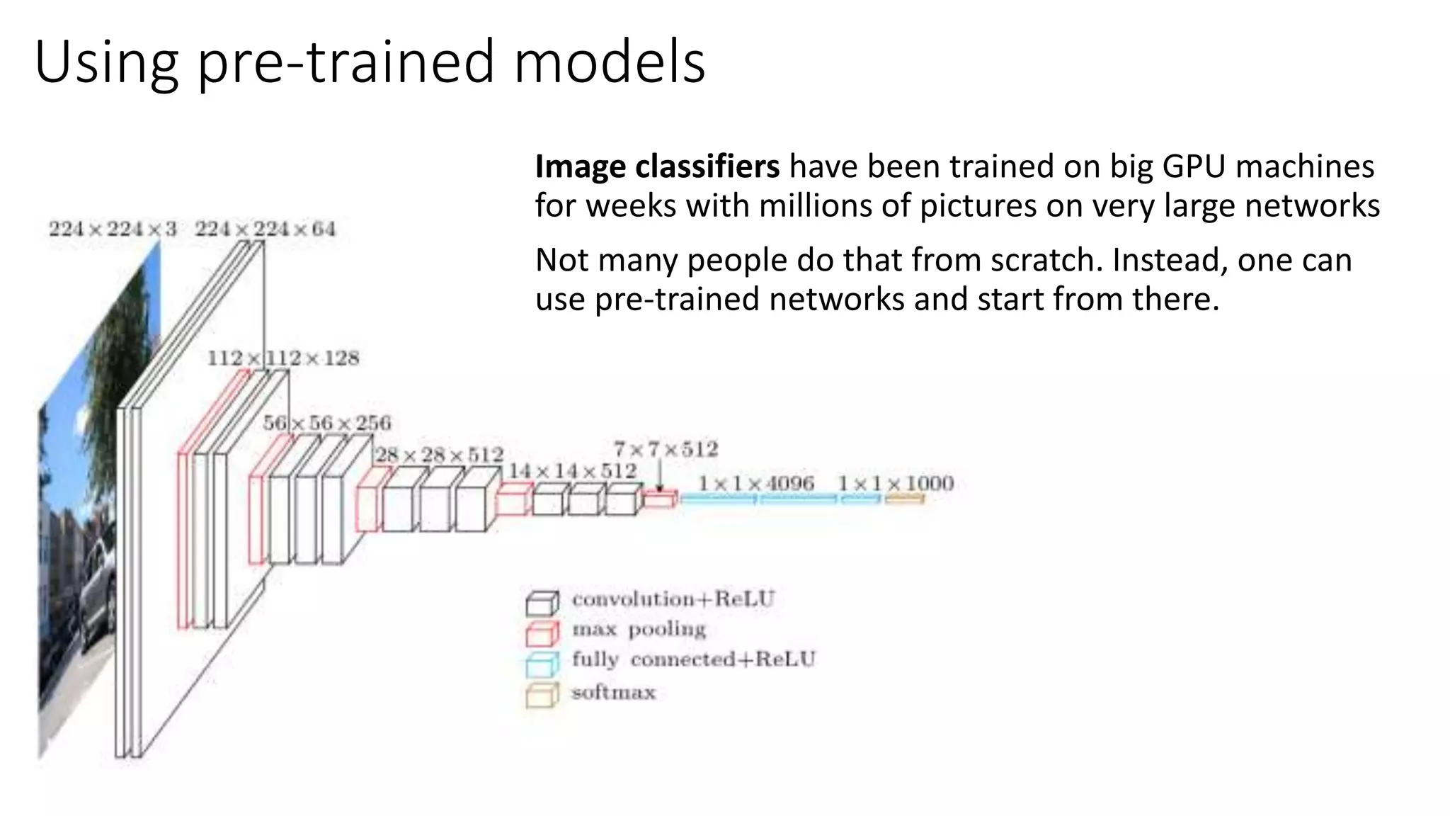 Using pre-trained models
Image classifiers have been trained on big GPU machines
for weeks with millions of pictures on very large networks
Not many people do that from scratch. Instead, one can
use pre-trained networks and start from there.
 