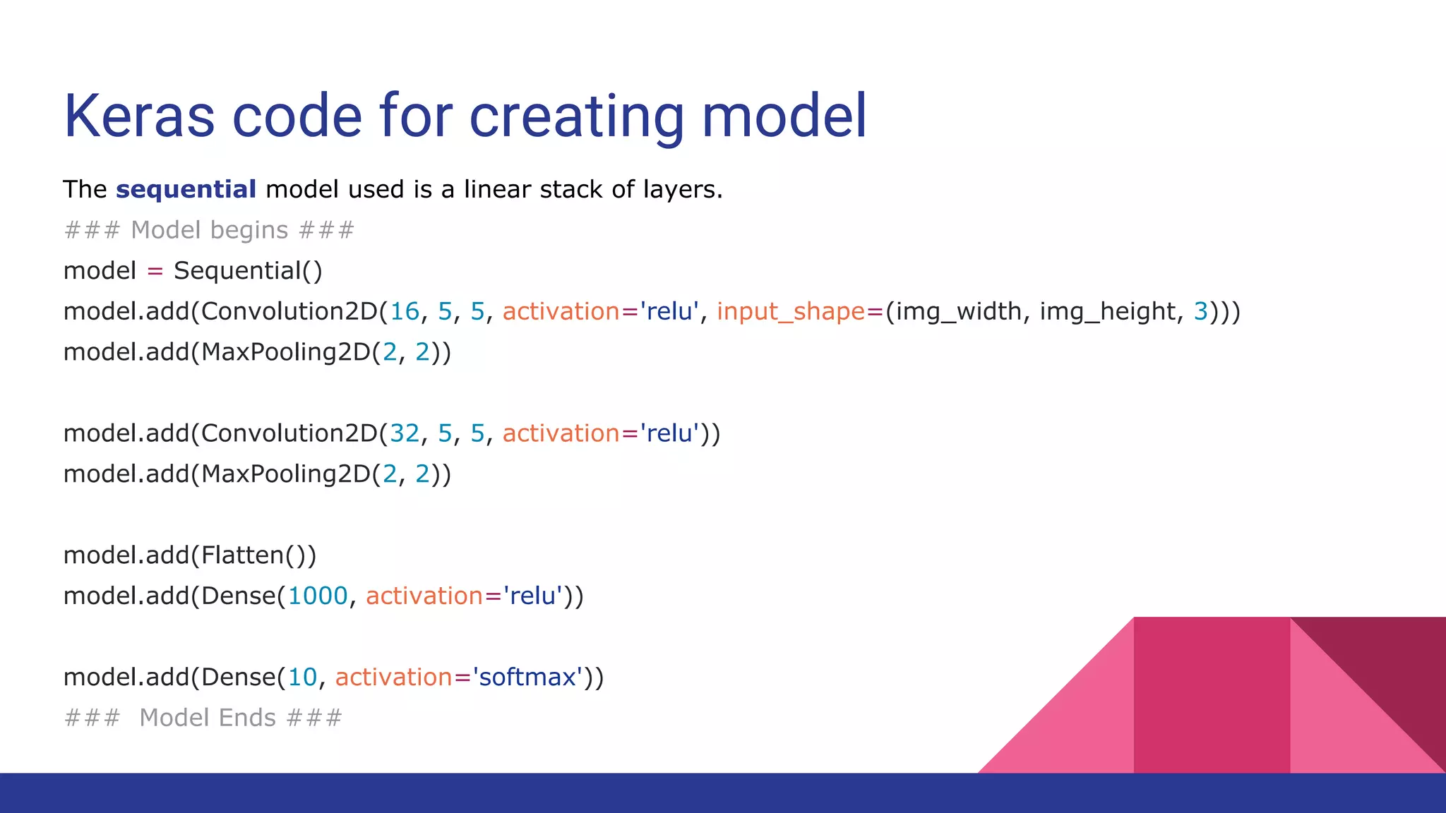 Keras code for creating model The sequential model used is a linear stack of layers. ### Model begins ### model = Sequential() model.add(Convolution2D(16, 5, 5, activation='relu', input_shape=(img_width, img_height, 3))) model.add(MaxPooling2D(2, 2)) model.add(Convolution2D(32, 5, 5, activation='relu')) model.add(MaxPooling2D(2, 2)) model.add(Flatten()) model.add(Dense(1000, activation='relu')) model.add(Dense(10, activation='softmax')) ### Model Ends ### 