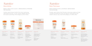 Produkty z gamy Kérastase Nutritive Gluco-Active wykorzystują
odpowiednio dozowane „na miarę” aktywne składniki odżywcze
dla uzyskania optymalnego efektu pielęgnacji suchych włosów.
Produkty z gamy Nutritive Nutri-Thermique wykorzystują wyjątkową formułę
czynników termoaktywnych, które pod wpływem ciepła aktywują swoje
działanie odżywcze, aby utrwalić efekt pielęgnacji we włóknie włosa.
Nutritive Nutritive
Gluco-Active Nutri-Thermique
WŁOSY LEKKO SUCHE, SUCHE I UWRAŻLIWIONE CZYNNIKAMI
NATURALNYMI
WŁOSY BARDZO SUCHE LUB BARDZO UWRAŻLIWIONE
KOLORYZACJAMI
KĄPIEL NUTRI-THERMIQUE
pojemność 250 ml
Do włosów bardzo suchych
lub bardzo uwrażliwionych,
np. koloryzacjami trwałymi.
Rezultat
Włosy miękkie
i jedwabiste, wygładzone
od nasady aż po końce.
MLECZKO NUTRI-THERMIQUE
pojemność 200 ml
Do włosów bardzo suchych
i uwrażliwionych, do codziennego
stosowania, czas trzymania:
2-5 minut.
Rezultat
Włosy bardzo miękkie
i wygładzone, zachowujące lekkość.
Nektar termiczny
pojemność 150 ml
Termoochronna pielęgnacja
odżywcza, która ułatwia nadanie
formy fryzurze, do wszystkich
rodzajów włosów suchych.
Stosować na wilgotne włosy przed
modelowaniem.
Rezultat
Włosy odżywione, doskonale
ułożone i sprężyste, a jednocześnie
chronione przed szkodliwym
wpływem wysokiej temperatury
narzędzi do stylizacji.
MASKA NUTRI-THERMIQUE
pojemność 200 ml
Do włosów bardzo suchych
i uwrażliwionych, czas trzymania:
5-10 minut.
Rezultat
Włosy intensywnie nasycone
składnikami odżywczymi, błyszczące
i jedwabiste.
KĄPIEL ODŻYWCZA 1
pojemność 250 ml
Do włosów lekko suchych
i uwrażliwionych,
np. czynnikami naturalnymi,
po lekkiej koloryzacji.
KĄPIEL ODŻYWCZA 2
pojemność 250 ml
Do włosów suchych,
uwrażliwionych,
np. koloryzacją trwałą.
Rezultat
Włosy lekkie w dotyku,
miękkie i wygładzone
od nasady aż po końce.
Mleczko odżywcze
pojemność 200 ml
Do włosów normalnych
i lekko suchych,
czas trzymania: 2-5 minut.
Rezultat
Włosy miękkie, doskonale
rozczesujące się, lekkie
i błyszczące.
MASKA NUTRIDÉFENSE
pojemność 200 ml
Odżywczo-ochronna
maska o konsystencji
mlecznego żelu pozwalająca
na codzienne stosowanie
do włosów suchych
i uwrażliwionych,
czas trzymania: 5-10 minut.
Rezultat
Włosy jedwabiste, odżywione
i chronione przed procesem
dalszego wysuszenia.
AQUA-OLEUM®
pojemność 4 x 12 ml
Uniwersalne odżywcze ampułki
do ekspresowej pielęgnacji
włosów lekko suchych
lub suchych i uwrażliwionych,
czas trzymania: 1 minuta.
Rezultat
Włosy są jak odmienione,
wygładzenie i połysk
przy jednoczesnej
lekkości fryzury.
 