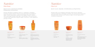 WŁOSY SUCHE, NIEZDYSCYPLINOWANE
WYMAGAJĄCE WYGŁADZENIA
WŁOSY SUCHE, KRĘCONE, KTÓRYM BRAKUJE SPRĘŻYSTOŚCI
Kérastase Oléo-Relax to pielęgnacja odżywcza i wygładzająca, pomagająca
kontrolować objętość włosów i chronić je przed skręcaniem się pod wpływem
wilgoci. Formuły zapewniające wyjątkową technologię odżywczych olejków
(shea i palmowego) działają zmiękczająco i dyscyplinująco. Włosy są skutecznie
chronione przed negatywnym wpływem wilgoci w powietrzu, a efekt wygładzenia
pozostaje na długo.
Kérastase Oléo-Curl to pielęgnacja odżywiająca włosy kręcone, ułatwiająca
zachować kształt loków. Technologia Curl-Protect, aby zapewnić lokom sprężystość,
doskonały kształt i chronić je przed wpływem wilgoci oraz przed agresywnymi
czynnikami zewnętrznymi.
Nutritive Nutritive
Oléo-Relax Oléo-Curl
KĄPIEL OLÉO-RELAX
pojemność 250 ml
Do włosów grubych i opornych
na układanie.
Rezultat
Włosy wygładzone i zdyscyplinowane
od nasady aż po końce.
KĄPIEL OLÉO-CURL
pojemność 250 ml
Do włosów kręconych.
Rezultat
Loki są sprężyste, miękkie
i lekkie w dotyku.
MASKA OLÉO-RELAX
pojemność 200 ml
Do włosów suchych, grubych i opornych
na układanie, czas trzymania:
10-15 minut.
Rezultat
Włosy nasycone miękkością, doskonale
wygładzone, przygotowane do układania.
MASKA OLÉO-CURL
pojemność 200 ml
Do włosów kręconych suchych
i bardzo suchych, czas trzymania
5-10 minut.
Rezultat
Loki odżywione, o wyjątkowej
miękkości i pięknym kształcie,
zdyscyplinowane i sprężyste,
długotrwale chronione przed
czynnikami zewnętrznymi.
FLUID OLÉO-RELAX
pojemność 125 ml
Wygładzający fluid do włosów suchych,
sztywnych, kręconych, puszących się,
do stosowania na wilgotne i suche włosy.
Rezultat
Włosy optymalnie zdyscyplinowane
na całej długości, skutecznie chronione
przed puszeniem się pod wpływem wilgoci
w powietrzu.
KREM OLÉO-CURL
pojemność 150 ml
Krem odżywiający i definiujący loki.
Rezultat
Miękkie i zdyscyplinowane loki, chronione
przed wysoką temperaturą lokówki
lub suszarki z dyfuzorem, długotrwale
chronione przed puszeniem się pod
wpływem wilgoci.
 