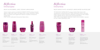 Réflection Réflection
Chroma Captive Chroma Riche
WŁOSY KOLORYZOWANE, LEKKO I ŚREDNIO UWRAŻLIWIONE WŁOSY BARDZO SUCHE LUB BARDZO UWRAŻLIWIONE KOLORYZACJAMI
KĄPIEL
CHROMA CAPTIVE
pojemność 250 ml
Do włosów koloryzowanych
lekko i średnio uwrażliwionych.
Rezultat
Włosy czyste
u nasady, nabierają lustrzanego
połysku. Ich kolor zyskuje
spektakularny blask.
Balsam
chroma sensitive
pojemność 200 ml
Innowacyjny pielęgnacyjny balsam
myjący do włosów koloryzowanych
o wrażliwym kolorze, łączący zalety
łagodnej kąpieli oraz pielęgnacyjnej
maski. Formuła bez siarczanów,
parabenów i silikonów.
Rezultat
Odżywione i lśniące włosy,
długotrwale chroniony blask koloru.
MLECZKO
CHROMA CAPTIVE
pojemność 200 ml
Lekka odżywka do włosów
koloryzowanych. Pomaga
zatrzymać pigment głęboko we
włóknie włosa, dla utrzymania
długotrwałego blasku koloru.
Rezultat
Odżywione i gładkie włosy
aż po końce.
Kąpiel
chroma riche
pojemność 250 ml
Do włosów koloryzowanych,
bardzo uwrażliwionych,
rozjaśnianych, z pasemkami.
Rezultat
Włosy łagodnie umyte,
wygładzone i miękkie,
o rozświetlonym kolorze.
MASKA
Chroma captive
pojemność 200 ml
Żelowa formuła chroni blask
włosów koloryzowanych,
czas trzymania: 5-10 minut.
Rezultat
Włókno włosa staje się
wygładzone i błyszczące. Włosy
dłużej zachowują blask koloru.
maska
chroma riche
pojemność 200 ml
Bogata, rozświetlająca maska
do włosów koloryzowanych,
bardzo uwrażliwionych,
rozjaśnianych i z pasemkami,
czas trzymania: 5-10 minut.
Rezultat
Włosy dogłębnie odżywione
i zdyscyplinowane, kolor
rozświetlony, intensywna
ochrona blasku koloru.
Spray
chroma Cristal
pojemność 125 ml
Mgiełka do układania włosów
koloryzowanych i cieńszych.
Rezultat
Lustrzany blask i ochrona koloru,
optymalna lekkość fryzury, bez efektu
obciążenia.
KREM
CHROMA THERMIQUE
pojemność 150 ml
Krem termonabłyszczający
do modelowania włosów
koloryzowanych.
Rezultat
Włosy jak odmienione,
doskonale odżywione,
wygładzone i ochronione
końcówki włosów.
Systeme Capture zawarty w produktach CHROMA CAPTIVE pomaga zatrzymać
pigment w głębi włosa, dzięki czemu głębia koloru zostaje zachowana na dłużej.
Włosy są chronione przed negatywnym wpływem czynników zewnętrznych,
zyskując blask.
EFEKT: 40 dni* perfekcyjnej intensywności blasku koloru.
TECHNOLOGIA CHROMA RICHE pomaga odzyskać blask włosom silnie
uwrażliwionym na skutek koloryzacji. Dzięki zastosowaniu systemu Aqua-Ionic
włókno włosa jest otulone aktywnymi składnikami nawilżającymi, które odbijają
światło. Składniki aktywne chronią włosy przed fotoutlenianiem.
EFEKT: Włosy zostają dogłębnie odżywione, dzięki czemu są miękkie i sprężyste.
Ich kolor zyskuje spektakularny blask.
*Test instrumentalny po zastosowaniu kąpieli i maski.
 