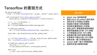 Tensorflow 的實現方式
def main(unused_argv):
cluster = tf.train.ClusterSpec({"ps": ps_spec, "worker": worker_spec})
with tf.device(tf.train.replica_device_setter(
worker_device, ps_device="/job:ps/cpu:0", cluster=cluster)):
global_step = tf.Variable(...)
y = _inception_v3(x)
opt = tf.train.AdamOptimizer(FLAGS.learning_rate)
if FLAGS.sync_replicas:
opt = tf.train.SyncReplicasOptimizer(opt, num_workers, ...)
train_step = opt.minimize(cross_entropy, global_step)
...
sv = tf.train.Supervisor(..., init_op, local_init_op, global_step)
sess = sv.prepare_or_wait_for_session(...)
if FLAGS.sync_replicas and is_chief:
sess.run(sync_init_op)
sv.start_queue_runners(sess, [chief_queue_runner])
while True:
_, step = sess.run([train_step, global_step])
...
● global_step 為訓練指標
● 透過 queue 及 prefetch 操作資料
● 資料於各工作節點分別讀取
● 透過執行緒進行資料預擷取
● 須清楚定義參數與工作節點
● 透過 gRPC 傳遞更新參數與梯度
● 參數伺服器建立於單 CPU 節點
● 工作節點建立於多 GPU 節點
● 參數儲存會分配於參數伺服器
● 計算操作子優先分配 GPU 節點
● 參數由第一個工作節點初始化
● session 由第一個工作節點開始
● 透過同步優化器增加容錯
設計架構
18
 