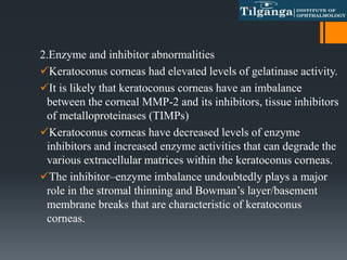 2.Enzyme and inhibitor abnormalities
Keratoconus corneas had elevated levels of gelatinase activity.
It is likely that keratoconus corneas have an imbalance
between the corneal MMP-2 and its inhibitors, tissue inhibitors
of metalloproteinases (TIMPs)
Keratoconus corneas have decreased levels of enzyme
inhibitors and increased enzyme activities that can degrade the
various extracellular matrices within the keratoconus corneas.
The inhibitor–enzyme imbalance undoubtedly plays a major
role in the stromal thinning and Bowman’s layer/basement
membrane breaks that are characteristic of keratoconus
corneas.
 