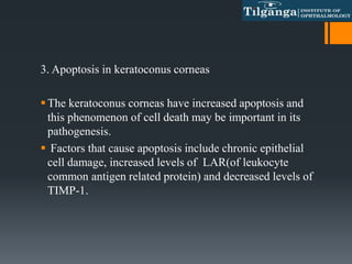 3. Apoptosis in keratoconus corneas
The keratoconus corneas have increased apoptosis and
this phenomenon of cell death may be important in its
pathogenesis.
 Factors that cause apoptosis include chronic epithelial
cell damage, increased levels of LAR(of leukocyte
common antigen related protein) and decreased levels of
TIMP-1.
 