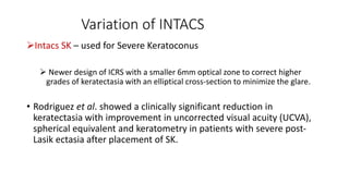 Variation of INTACS
Intacs SK – used for Severe Keratoconus
 Newer design of ICRS with a smaller 6mm optical zone to correct higher
grades of keratectasia with an elliptical cross-section to minimize the glare.
• Rodriguez et al. showed a clinically significant reduction in
keratectasia with improvement in uncorrected visual acuity (UCVA),
spherical equivalent and keratometry in patients with severe post-
Lasik ectasia after placement of SK.
 