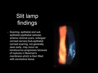 Slit lamp
findings
• Scarring- epithelial and sub
epithelial (epithelial nebulae,
anterior stromal scars, enlarged
corneal nerves).Sub-epithelial
corneal scarring, not generally
seen early, may occur as
keratoconus progresses because
of ruptures in Bowman's
membrane which is then filled
with connective tissue
 