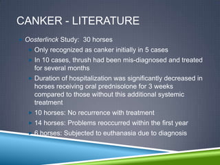 CANKER - LITERATURE
 Oosterlinck Study: 30 horses
    Only recognized as canker initially in 5 cases
    In 10 cases, thrush had been mis-diagnosed and treated
     for several months
    Duration of hospitalization was significantly decreased in
     horses receiving oral prednisolone for 3 weeks
     compared to those without this additional systemic
     treatment
    10 horses: No recurrence with treatment
    14 horses: Problems reoccurred within the first year
    6 horses: Subjected to euthanasia due to diagnosis
 