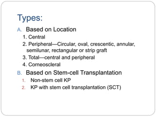 Types:
A. Based on Location
1. Central
2. Peripheral—Circular, oval, crescentic, annular,
semilunar, rectangular or strip graft
3. Total—central and peripheral
4. Corneoscleral
B. Based on Stem-cell Transplantation
1. Non-stem cell KP
2. KP with stem cell transplantation (SCT)
 