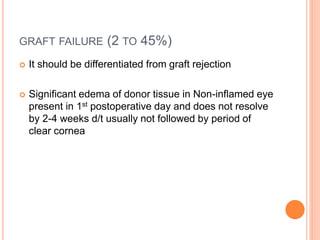 GRAFT FAILURE (2 TO 45%)
 It should be differentiated from graft rejection
 Significant edema of donor tissue in Non-inflamed eye
present in 1st postoperative day and does not resolve
by 2-4 weeks d/t usually not followed by period of
clear cornea
 