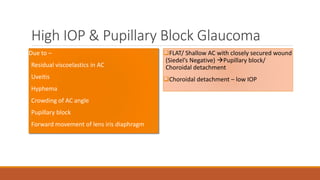 High IOP & Pupillary Block Glaucoma
Due to –
•Residual viscoelastics in AC
•Uveitis
•Hyphema
•Crowding of AC angle
•Pupillary block
•Forward movement of lens iris diaphragm
FLAT/ Shallow AC with closely secured wound
(Siedel’s Negative) Pupillary block/
Choroidal detachment
Choroidal detachment – low IOP
 
