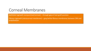 Corneal Membranes
Epithelial ingrowth (conjunctival/corneal) – through gap at host-graft junction
Fibrous ingrowth (retrocorneal membrane) – gray/white fibrous membranes between DM and
endothelium
 