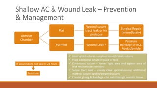 Shallow AC & Wound Leak – Prevention
& Management
Anterior
Chamber
Flat
Wound suture
tract leak or iris
prolapse
Surgical Repair
(immediately)
Formed Wound Leak +
Pressure
Bandage or BCL,
Acetzolamide
If wound does not seal in 24 hours
Resuture
 Interrupted sutures – replace loose/broken sutures
 Place additional suture in place of leak
 Continuous suture – loosen tight area and tighten area of
leak (redistributes tension)
 Suture tract leak – usually close spontaneously/ additional
mattress suture applied perpendicularly
 Corneal gluing & Bandage – for leak through necrotic tissue
 