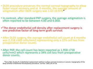 • DLEK procedure preserves the normal corneal topography to allow
faster visual recovery and at 6 months, the average amount of
astigmatism after DLEK surgery was 1.63 ±0.97D*
• In contrast, after standard PKP surgery, the average astigmatism is
often reported to be between 4.00 and 6.00D.
The donor endothelial cell density after replacement surgery is
one predictive factor of long-term graft survival.
• After DLEK surgery, the average endothelial cell count at 6 months
was 2,218 ±505 cells/mm2 representing only a 22% cell loss from
preoperative donor counts.
• After PKP, the cell count has been reported as 1,958 ±718
cells/mm2 which represents a 34% cell loss from preoperative
donor counts.
*Terry MA, Ousley PJ. Endothelial replacement without surface corneal incisions or sutures: topography of the
deep lamellar endothelial Keratoplasty procedure. Cornea. 2001;20:14-18.
 