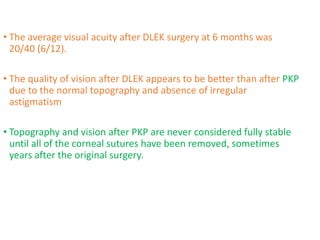 • The average visual acuity after DLEK surgery at 6 months was
20/40 (6/12).
• The quality of vision after DLEK appears to be better than after PKP
due to the normal topography and absence of irregular
astigmatism
• Topography and vision after PKP are never considered fully stable
until all of the corneal sutures have been removed, sometimes
years after the original surgery.
 