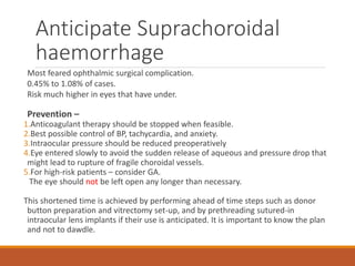 Anticipate Suprachoroidal
haemorrhage
Most feared ophthalmic surgical complication.
0.45% to 1.08% of cases.
Risk much higher in eyes that have under.
Prevention –
1.Anticoagulant therapy should be stopped when feasible.
2.Best possible control of BP, tachycardia, and anxiety.
3.Intraocular pressure should be reduced preoperatively
4.Eye entered slowly to avoid the sudden release of aqueous and pressure drop that
might lead to rupture of fragile choroidal vessels.
5.For high-risk patients – consider GA.
The eye should not be left open any longer than necessary.
This shortened time is achieved by performing ahead of time steps such as donor
button preparation and vitrectomy set-up, and by prethreading sutured-in
intraocular lens implants if their use is anticipated. It is important to know the plan
and not to dawdle.
 