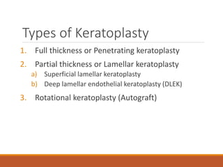 Types of Keratoplasty
1. Full thickness or Penetrating keratoplasty
2. Partial thickness or Lamellar keratoplasty
a) Superficial lamellar keratoplasty
b) Deep lamellar endothelial keratoplasty (DLEK)
3. Rotational keratoplasty (Autograft)
 