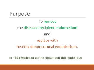 Purpose
To remove
the diseased recipient endothelium
and
replace with
healthy donor corneal endothelium.
In 1998 Melles et al first described this technique
 