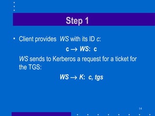 14
Step 1
• Client provides WS with its ID c:
c → WS: c
WS sends to Kerberos a request for a ticket for
the TGS:
WS → K: c, tgs
 
