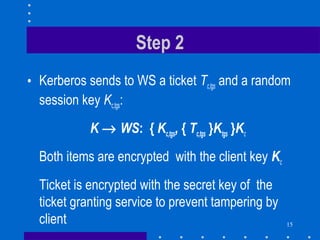 15
Step 2
• Kerberos sends to WS a ticket Tc,tgs and a random
session key Kc,tgs:
K → WS: { Kc,tgs, { Tc,tgs }Ktgs }Kc
Both items are encrypted with the client key Kc
Ticket is encrypted with the secret key of the
ticket granting service to prevent tampering by
client
 