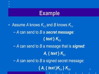 8
Example
• Assume A knows KP,B and B knows KP,A
– A can send to B a secret message:
{ text } KP,B
– A can send to B a message that is signed:
A, { text } KS,A
– A can send to B a signed secret message:
{ A, { text }KS,A } KP,B
 