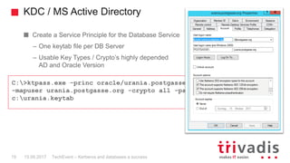 KDC / MS Active Directory
TechEvent – Kerberos and databases a success19 15.09.2017
C:>ktpass.exe -princ oracle/urania.pos...