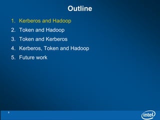 Outline 
1. Kerberos and Hadoop 
2. Token and Hadoop 
3. Token and Kerberos 
4. Kerberos, Token and Hadoop 
5. Future work 
2 
 