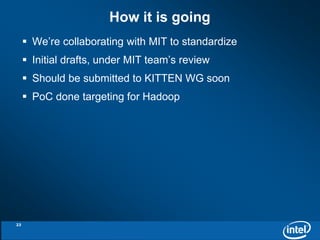 How it is going 
 We’re collaborating with MIT to standardize 
 Initial drafts, under MIT team’s review 
 Should be submitted to KITTEN WG soon 
 PoC done targeting for Hadoop 
23 
 